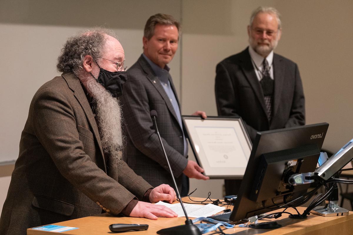 From left, Geoffrey Sayre-McCord, Kevin M. Guskiewicz and Marc Lange