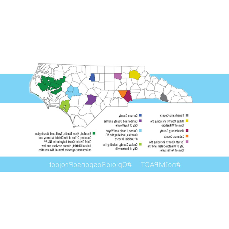 北卡罗来纳州地图的图形，其中16个县以不同颜色阴影表示参与北卡罗来纳大学政府学院阿片类药物应对项目的县. 突出显示的县是:特兰西瓦尼亚, 威尔克斯, 梅克伦堡, Cabarrus, 福赛斯, 达勒姆, 坎伯兰, 格林, 利诺, 韦恩, Onslow, 波弗特, 海德, 马丁, 提利尔和华盛顿. 在图表的底部，出现了#ncIMPACT和#OpioidResponseProject的标签.