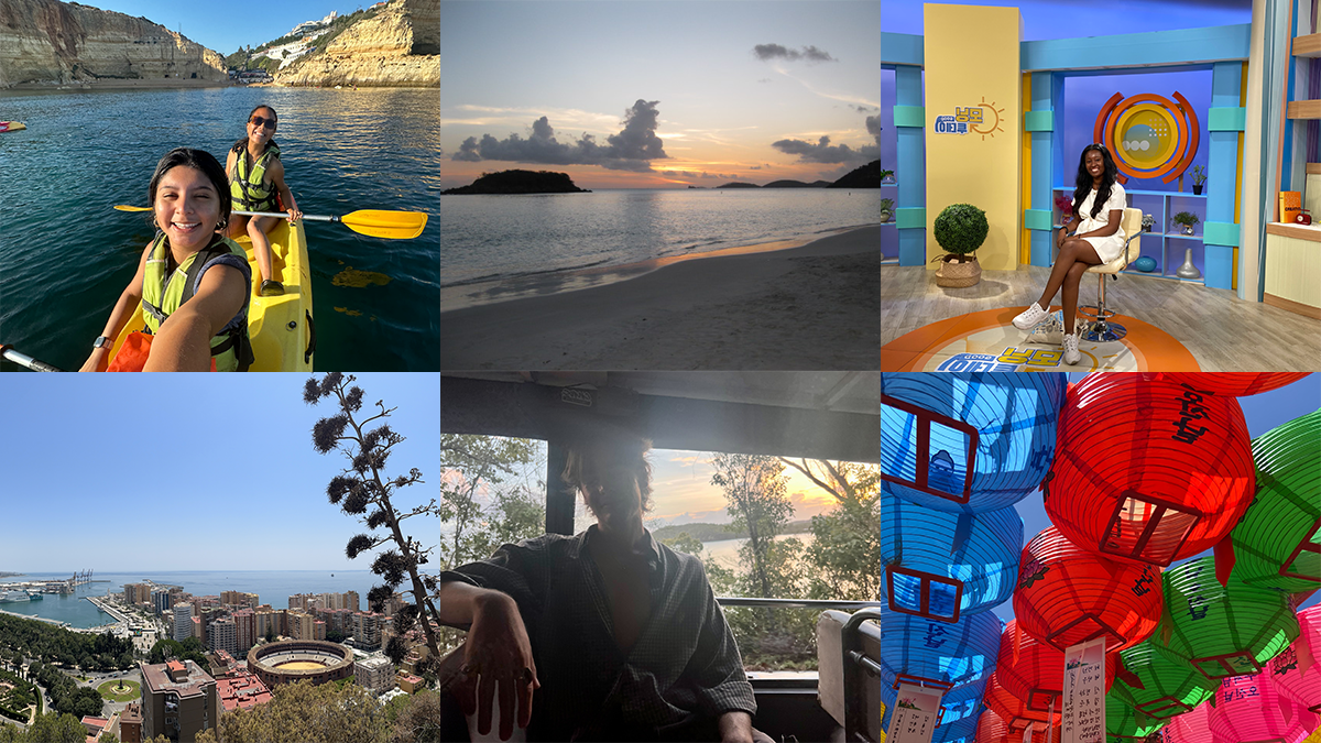 Six-photo collage: A woman sitting in the anchor chair in an TV news studio; green, 红色的, blue and pink balloons with Korean text on them; sunset view of a beach; a male student posing for a photo in a vehicle with a lake seen in the background; two women taking a selife photo in a kayak on water; aerial image of a cityscape with water in the background.