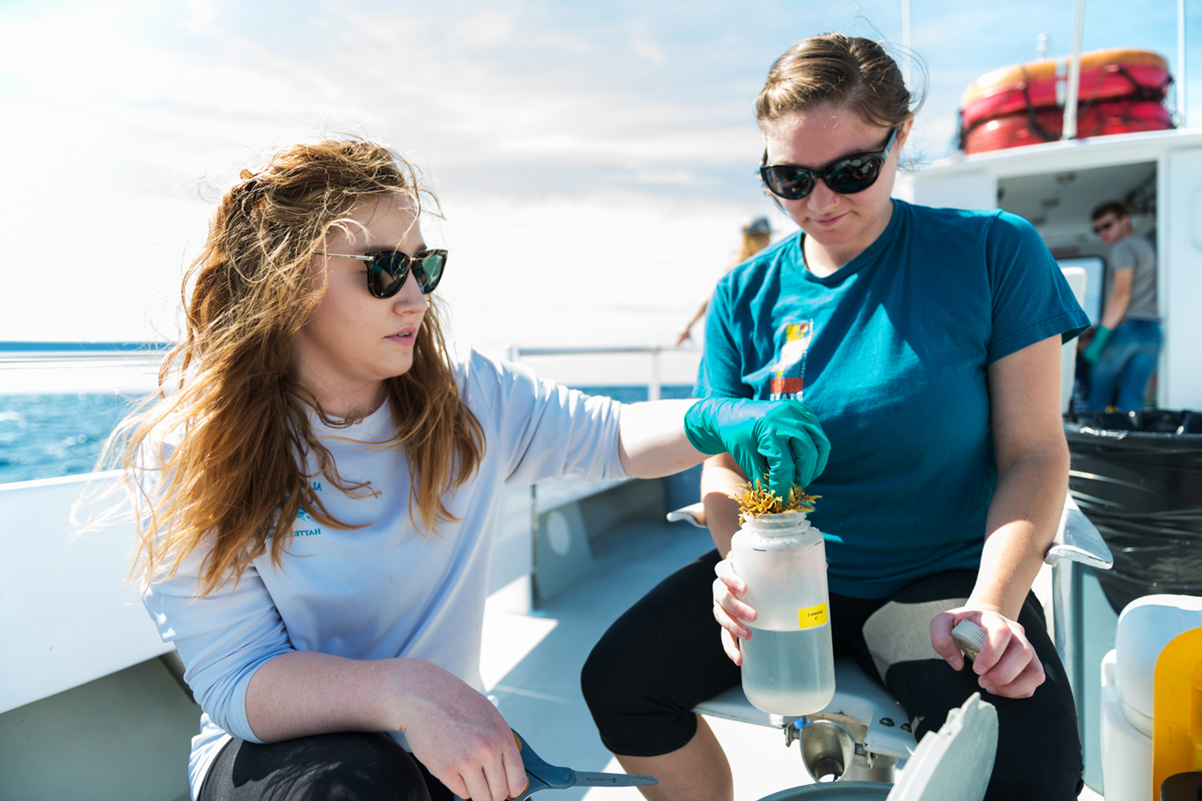 Two women on a boat in the ocean and a man in the background. One woman is placing seaweed into a container half-filled with water that is being held by another woman.